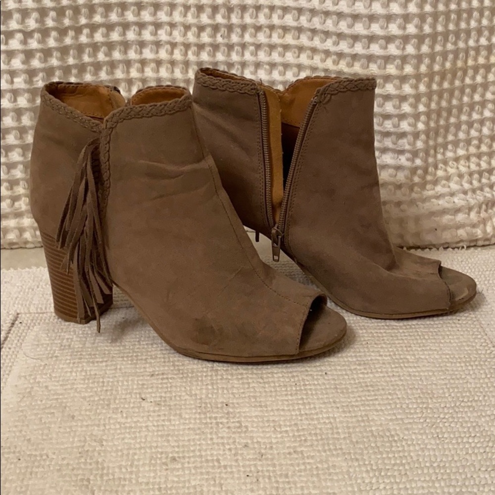 Tan Suede Peep-toe Booties